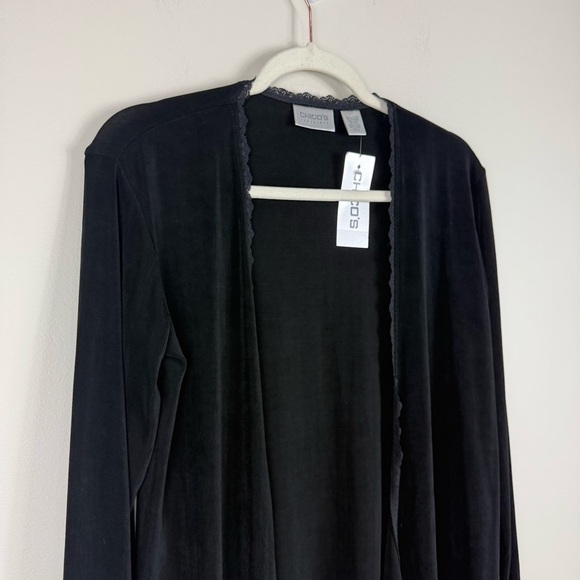 Chico's Cardigan Womens Small Tie Front Lace Trim Long Sleeve Black Top Stretch - Picture 3 of 9